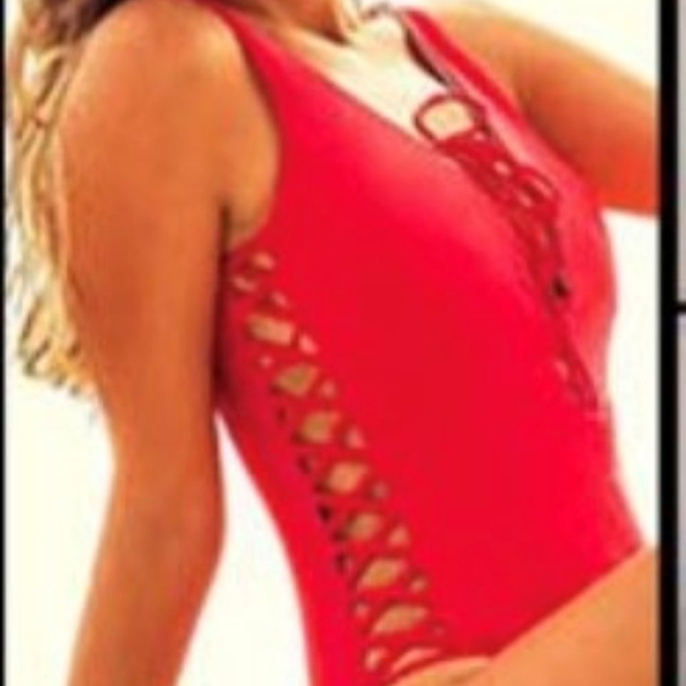 Festive & Sexy red AQ-WA Swimsuit w removable cups, adjustable tie front, Sz L